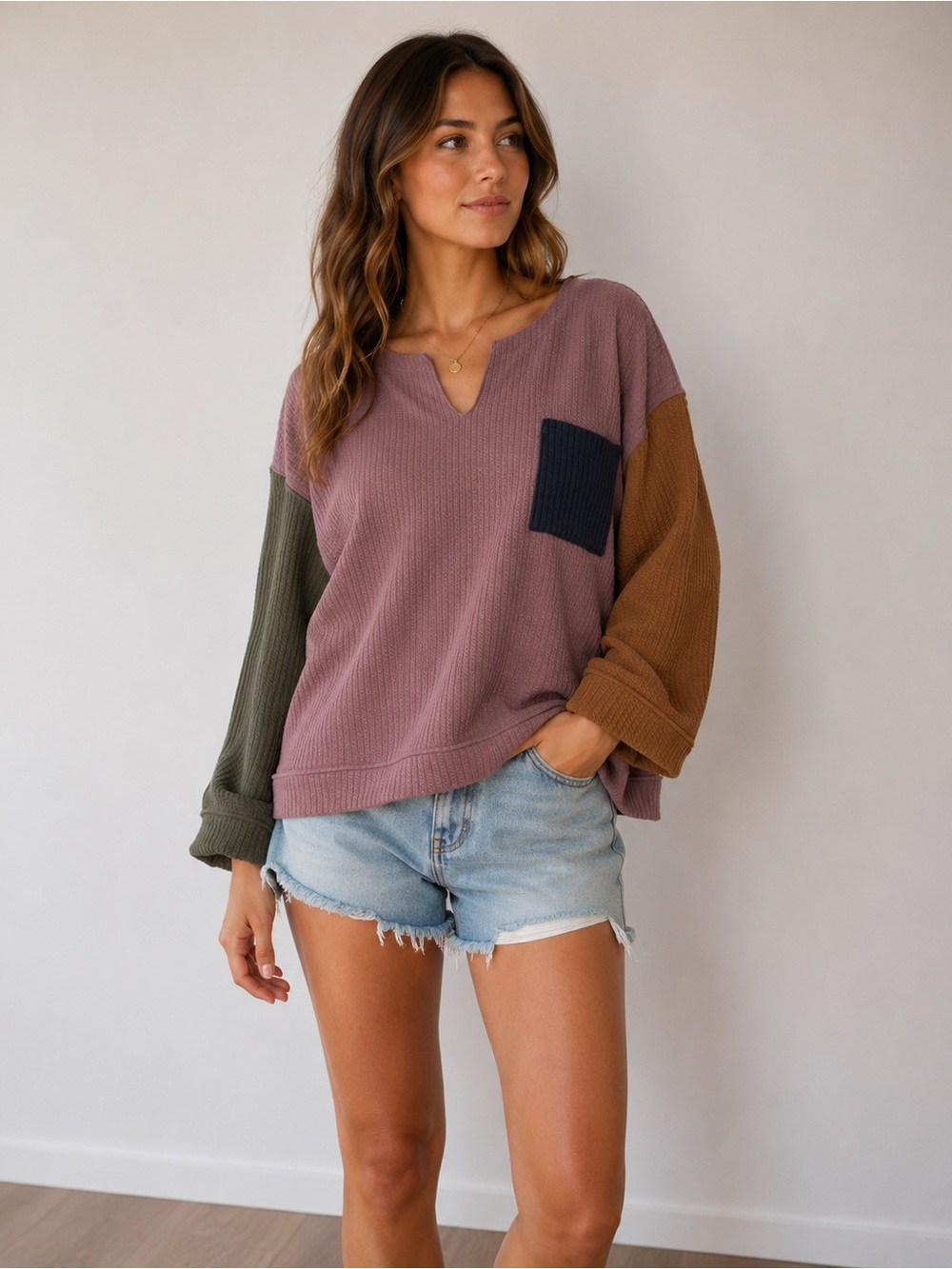 Peach Love Colorblock Waffle Knit Oversized Top Size Small